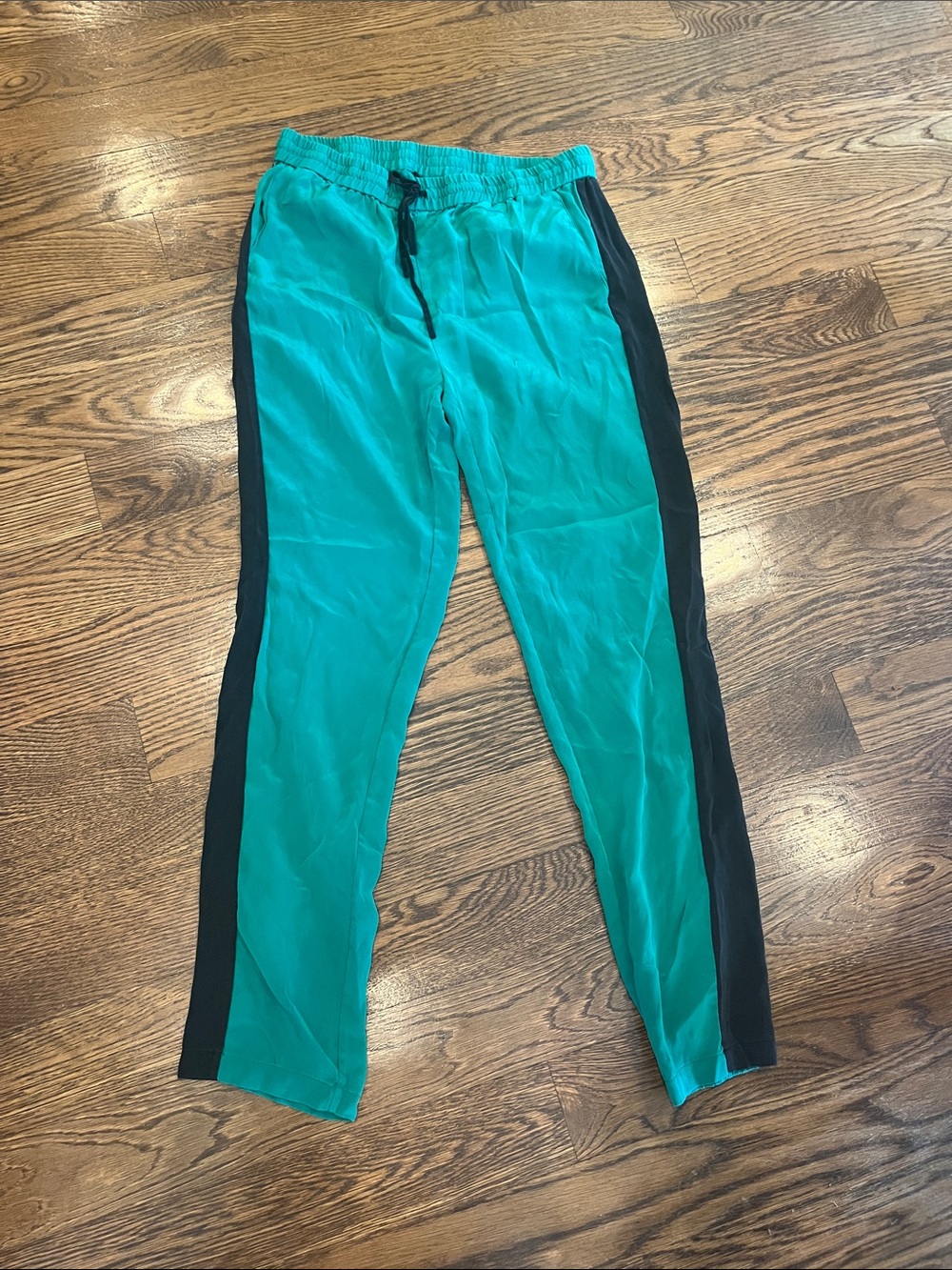 Tibi New York XS silk Teal Track Pants with Black Side Stripe